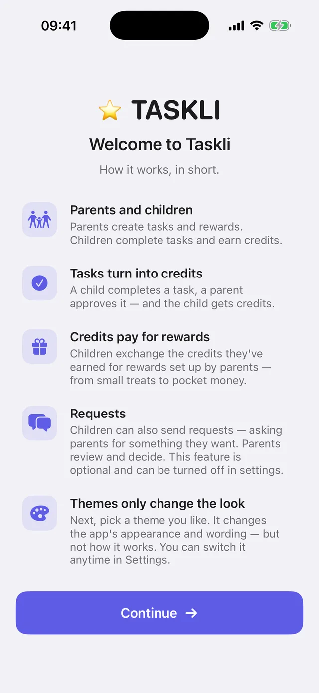 Taskli's first screen: a short explanation — parents create tasks and rewards, kids complete tasks and earn credits