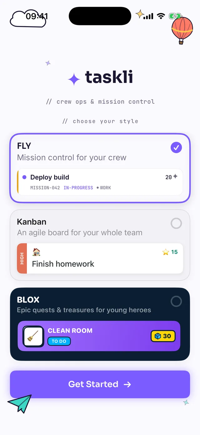 Theme picker screen with Fly, Kanban and Blox cards; the Fly theme is selected