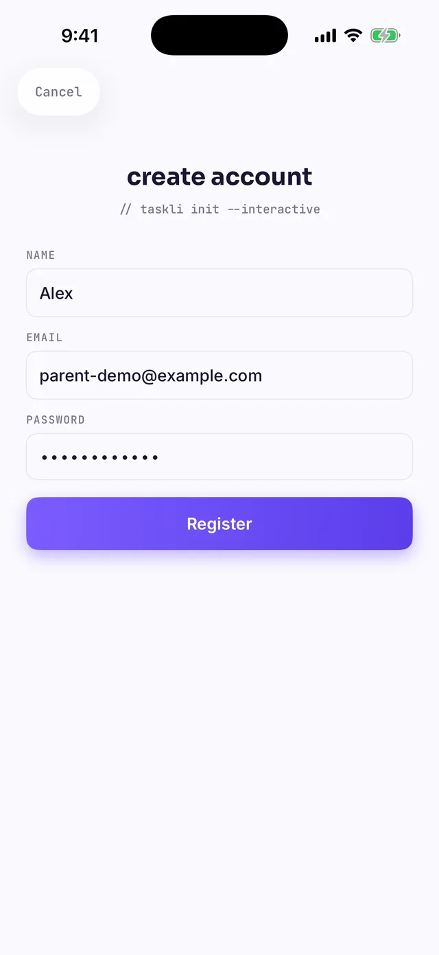 Registration form: name, email and password fields with a Register button