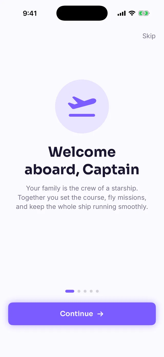 Fly theme welcome screen “Welcome aboard, Captain” explaining the crew metaphor