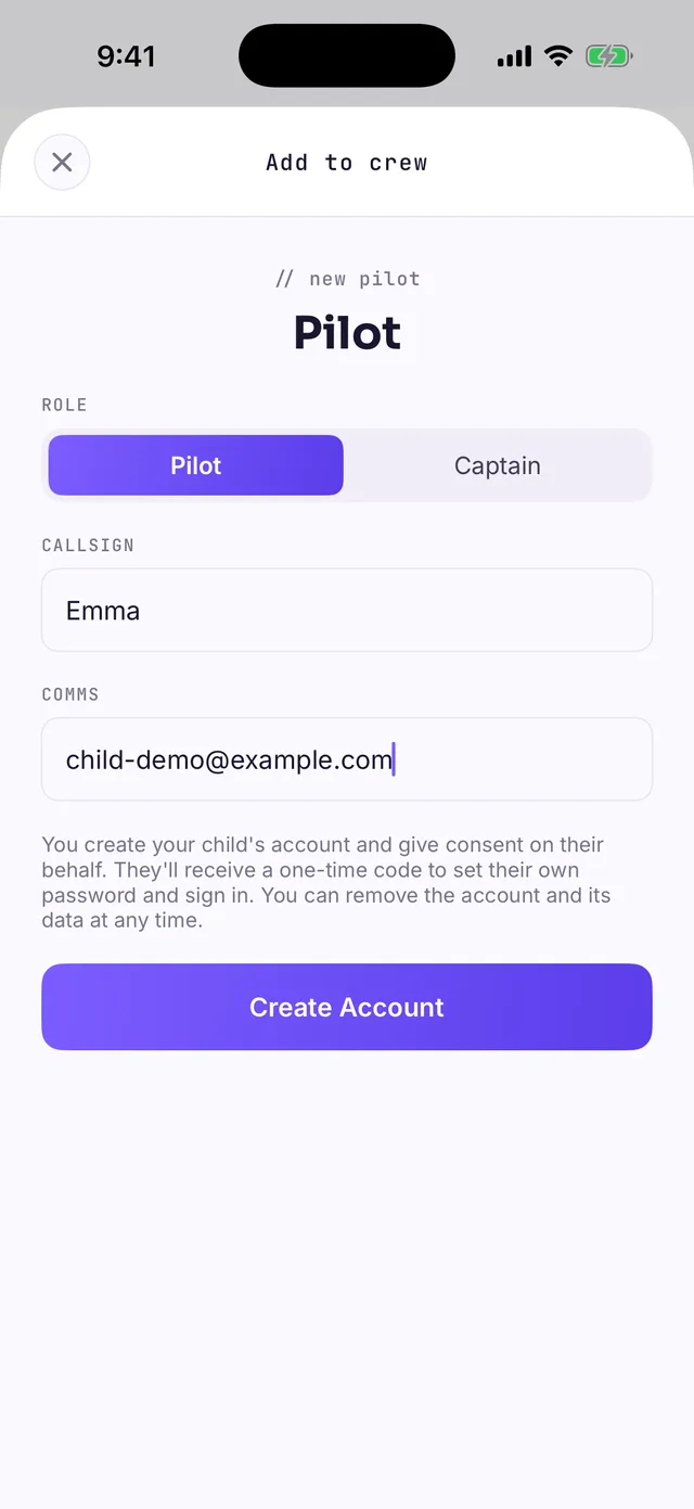 Add to crew form: Pilot role selected, CALLSIGN field with the name Emma, COMMS field with an email, and a Create Account button