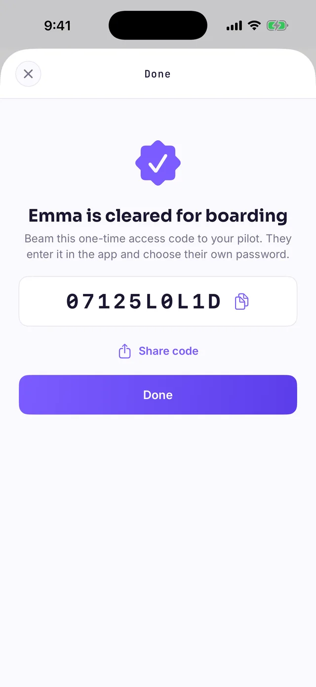 Screen with a one-time access code, “Emma is cleared for boarding”, and a Share code button