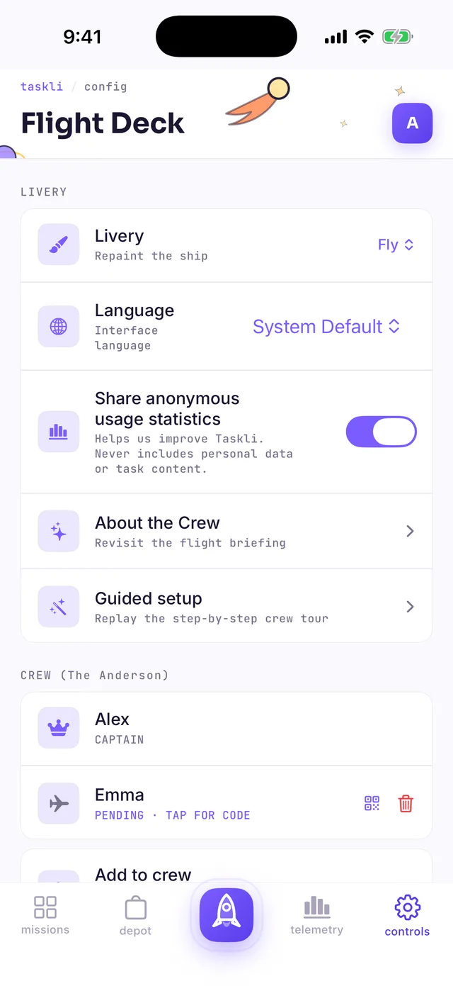 Flight Deck settings: the CREW section with a captain and a child marked PENDING — TAP FOR CODE