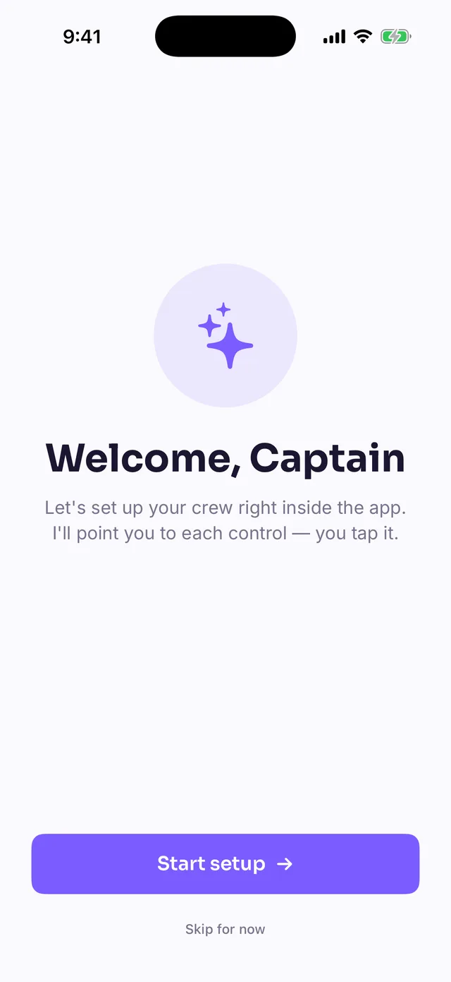 Guided setup welcome card “Welcome, Captain” with a Start setup button