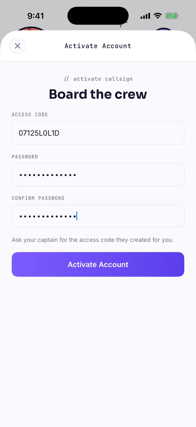 Board the crew form: the entered access code and fields for a new password