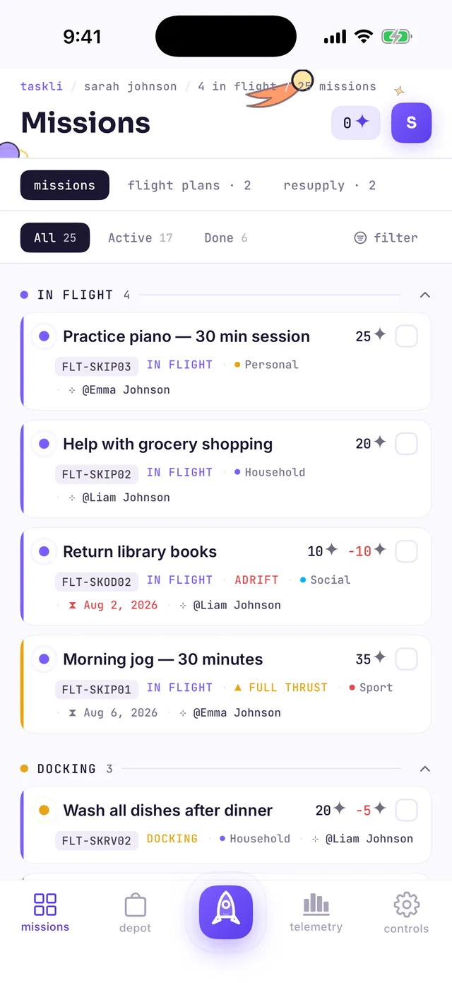 The parent's Missions board: IN FLIGHT and DOCKING sections, kids' tasks with stardust rewards, flight plans and resupply segments