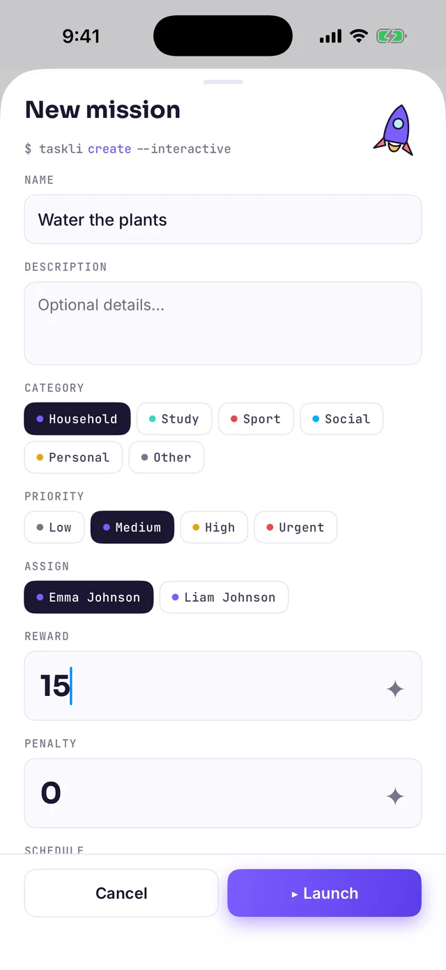New mission form: name “Water the plants”, category, priority, assignee, a 15 ✦ reward, a penalty field and a Launch button