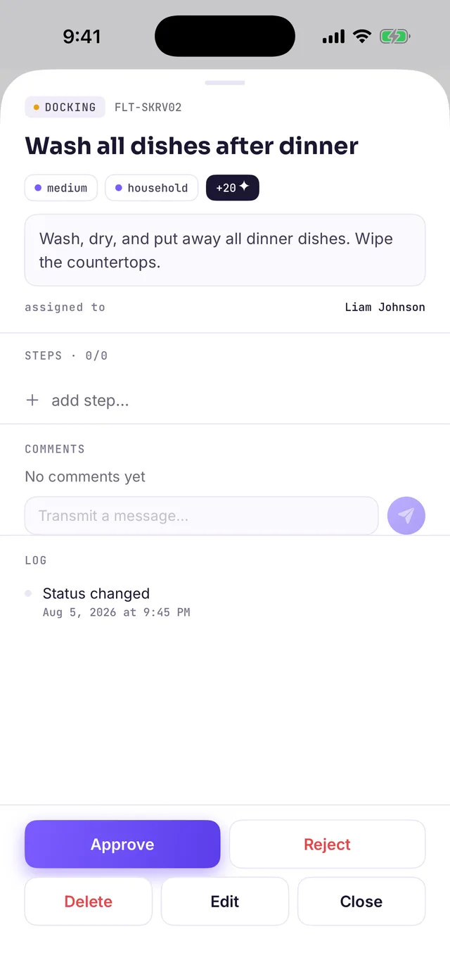 A task card in DOCKING as seen by the parent, with Approve and Reject buttons