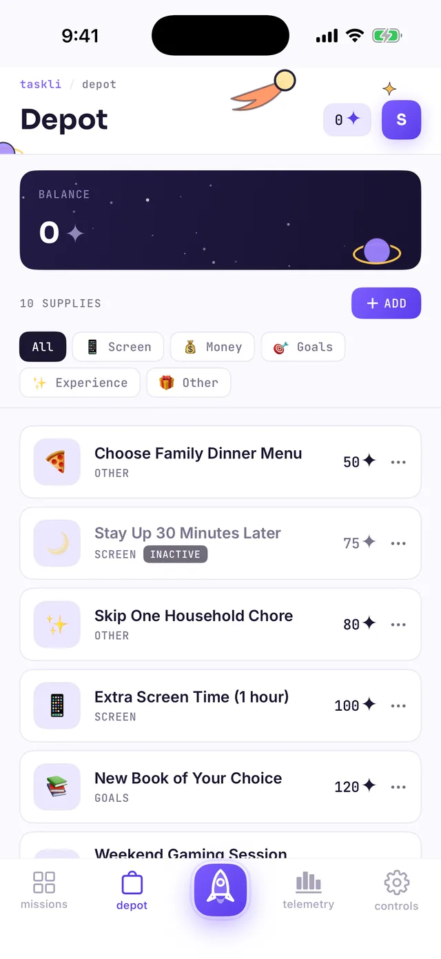 The parent's Depot screen: a list of rewards priced in stardust and an ADD button