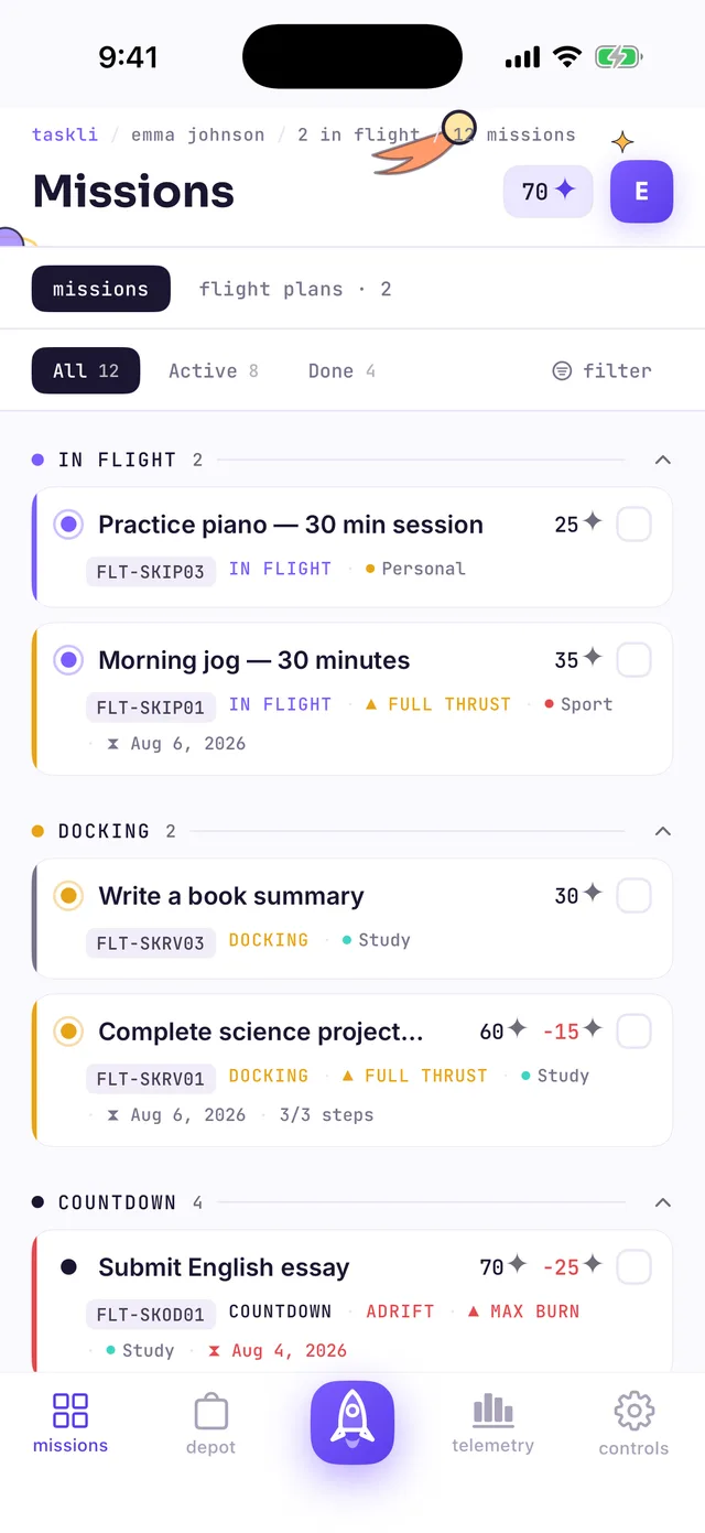 A child's mission board in the Fly theme: IN FLIGHT, DOCKING and COUNTDOWN sections, a 70 ✦ balance in the header