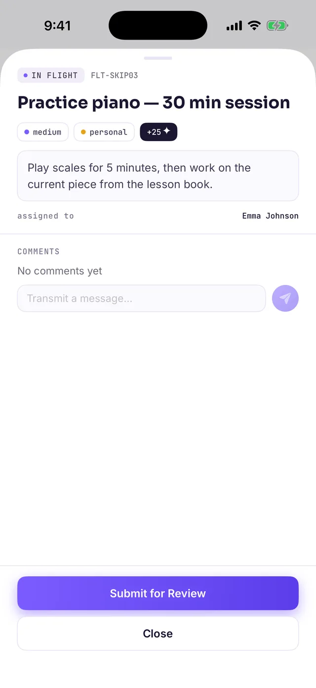 A mission card as seen by the child, with a +25 ✦ reward and a Submit for Review button