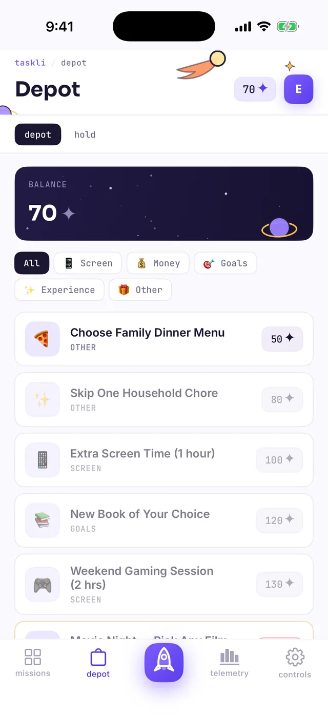 The depot as seen by the child: a 70 ✦ balance, an affordable 50 ✦ reward is active, pricier ones are dimmed