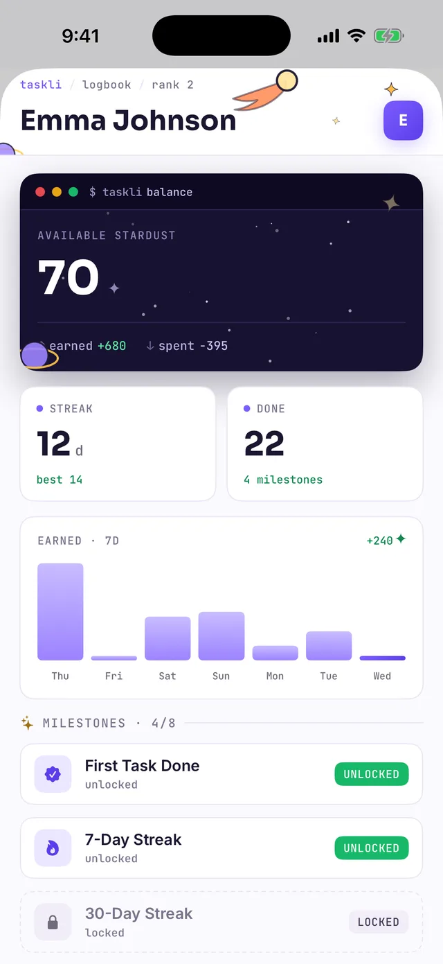 The child's logbook: 70 available stardust, a 9-day streak with a best of 11, a weekly earnings chart and milestone achievements