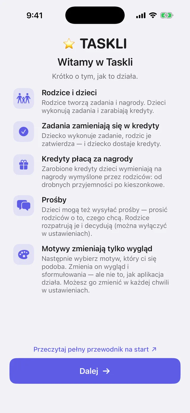 Pierwszy ekran Taskli: „Witamy w Taskli” i krótkie wyjaśnienie — rodzice tworzą zadania i nagrody, dzieci wykonują zadania i zdobywają kredyty