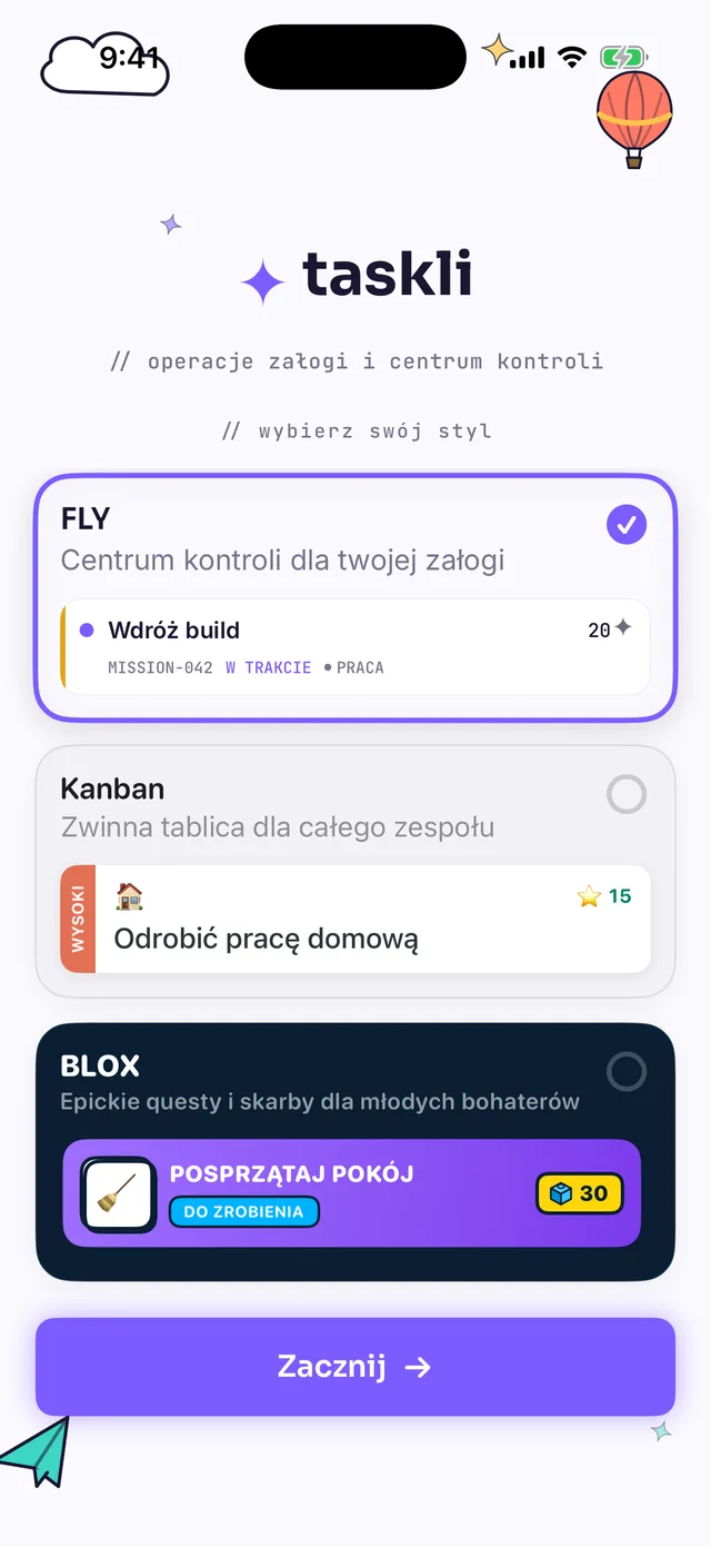 Ekran wyboru motywu z kartami Fly, Kanban i Blox; wybrany motyw Fly z podpisem „Centrum kontroli dla twojej załogi”