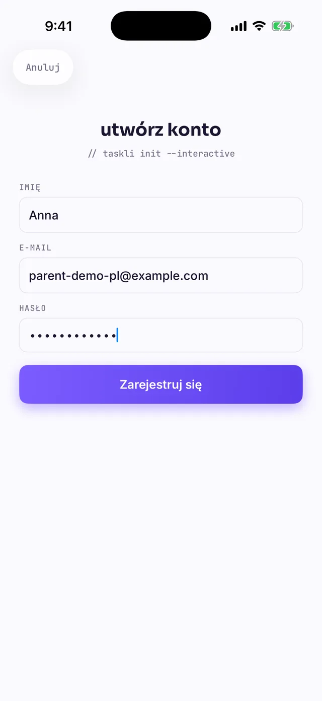Formularz rejestracji: pola IMIĘ, E-MAIL i HASŁO oraz przycisk tworzenia konta