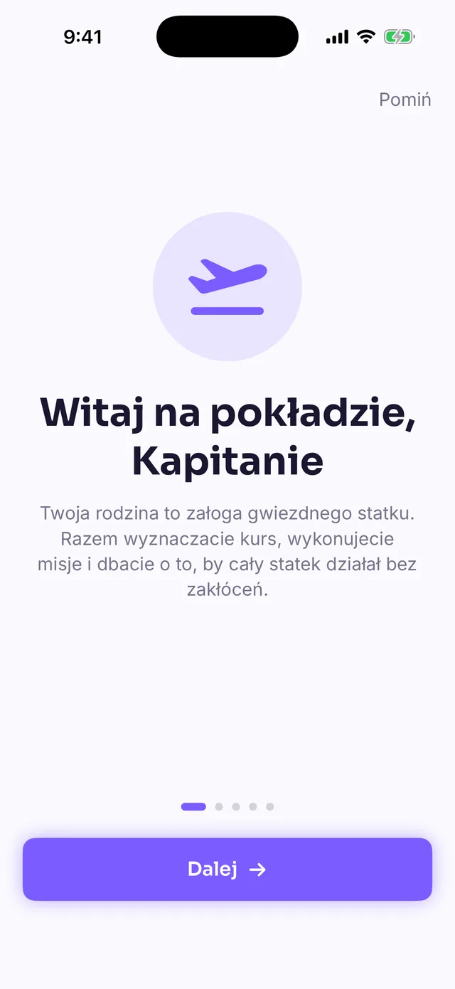 Ekran powitalny motywu Fly „Witaj na pokładzie, Kapitanie” objaśniający metaforę załogi