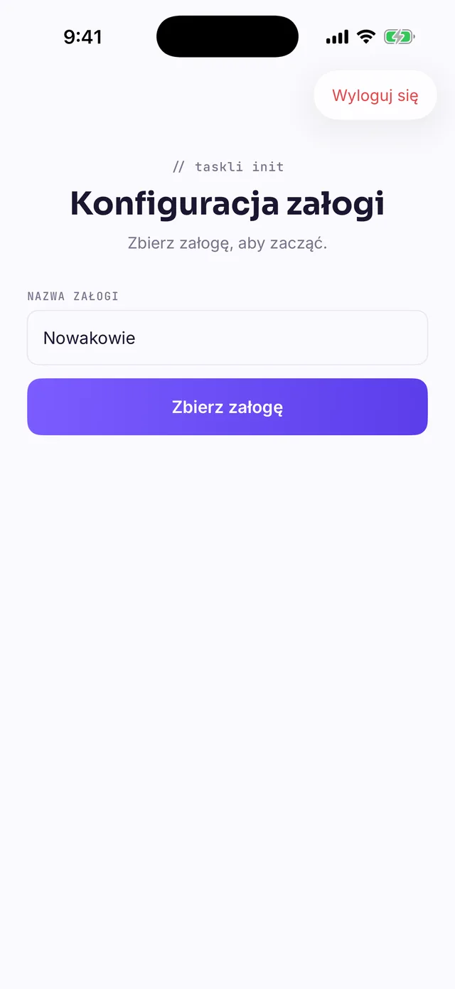 Ekran „Konfiguracja załogi” z polem NAZWA ZAŁOGI i przyciskiem „Zbierz załogę”