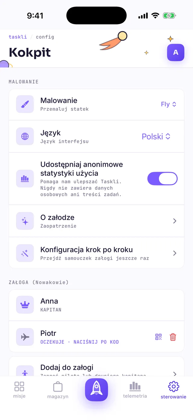 Ustawienia „Kokpit”: sekcja ZAŁOGA z kapitanem Anną i dzieckiem oznaczonym „OCZEKUJE · NACIŚNIJ PO KOD”