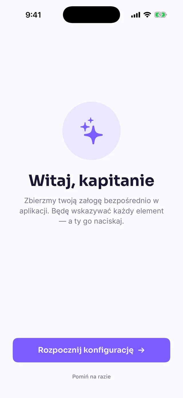 Karta powitalna samouczka „Witaj, kapitanie” z przyciskami „Rozpocznij konfigurację” i „Pomiń na razie”