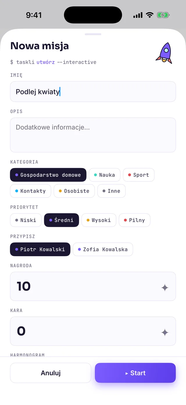 Formularz „Nowa misja”: nazwa „Podlej kwiaty”, kategoria Gospodarstwo domowe, priorytet Średni, przypisanie do Piotra, nagroda 10 ✦, pole KARA i przycisk ▸ Start