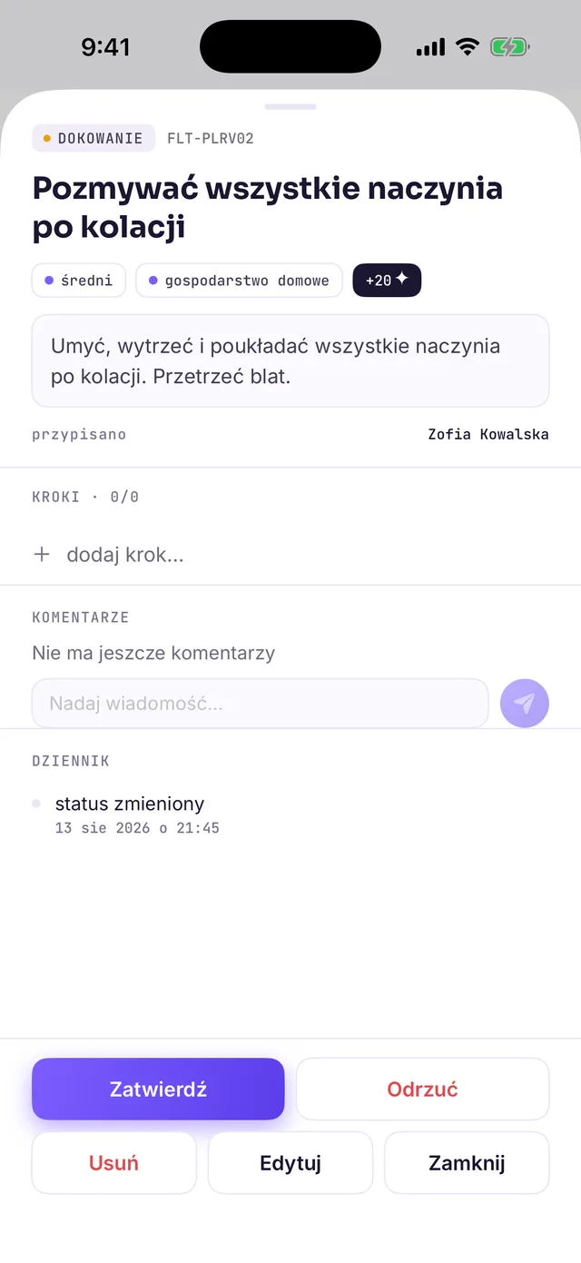 Karta zadania w sekcji DOKOWANIE widziana przez rodzica, z przyciskami „Zatwierdź” i „Odrzuć”