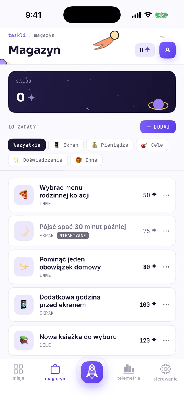 Ekran „Magazyn” rodzica: lista zapasów z cenami w gwiezdnym pyle i przycisk + DODAJ