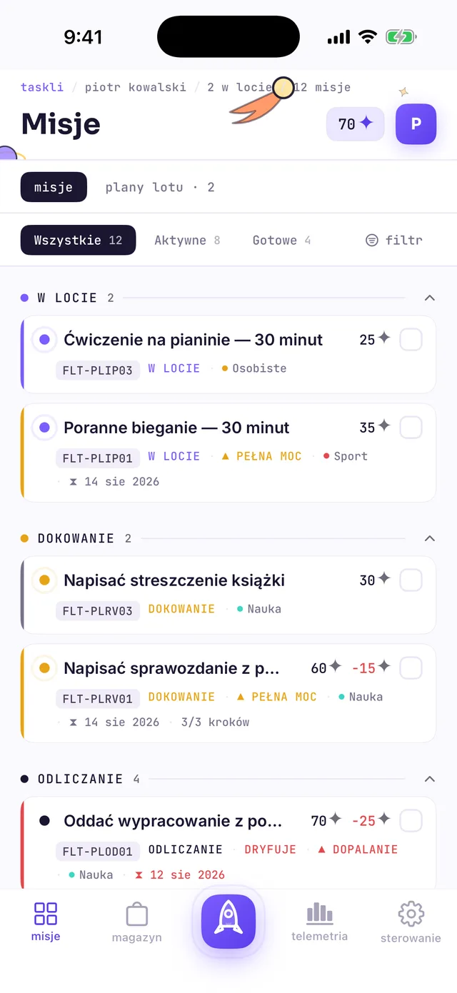 Tablica misji dziecka w motywie Fly: sekcje W LOCIE, DOKOWANIE i ODLICZANIE, saldo 70 ✦ w nagłówku