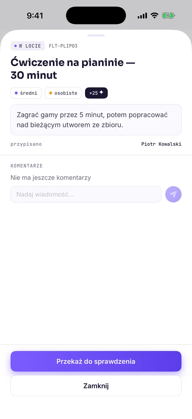 Karta misji „Ćwiczenie na pianinie — 30 minut” widziana przez dziecko, z nagrodą +25 ✦ i przyciskiem „Przekaż do sprawdzenia”