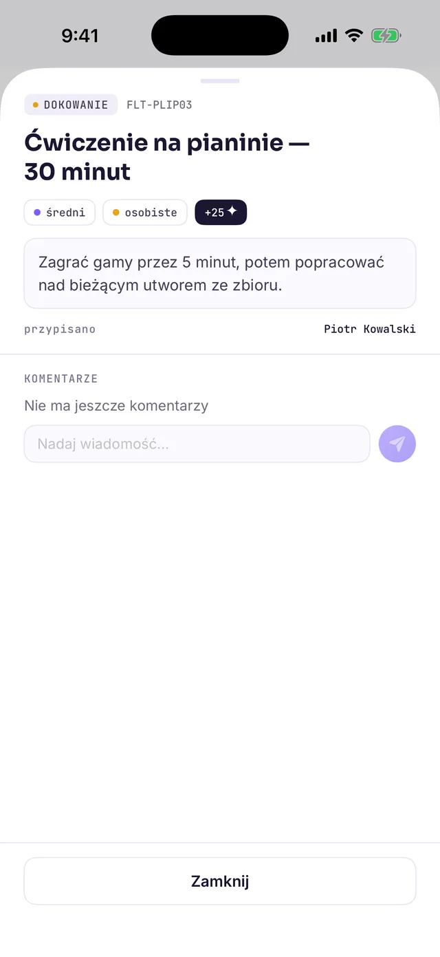 Ta sama misja w sekcji DOKOWANIE: nie ma już żadnych akcji, zadanie czeka na zatwierdzenie przez rodzica