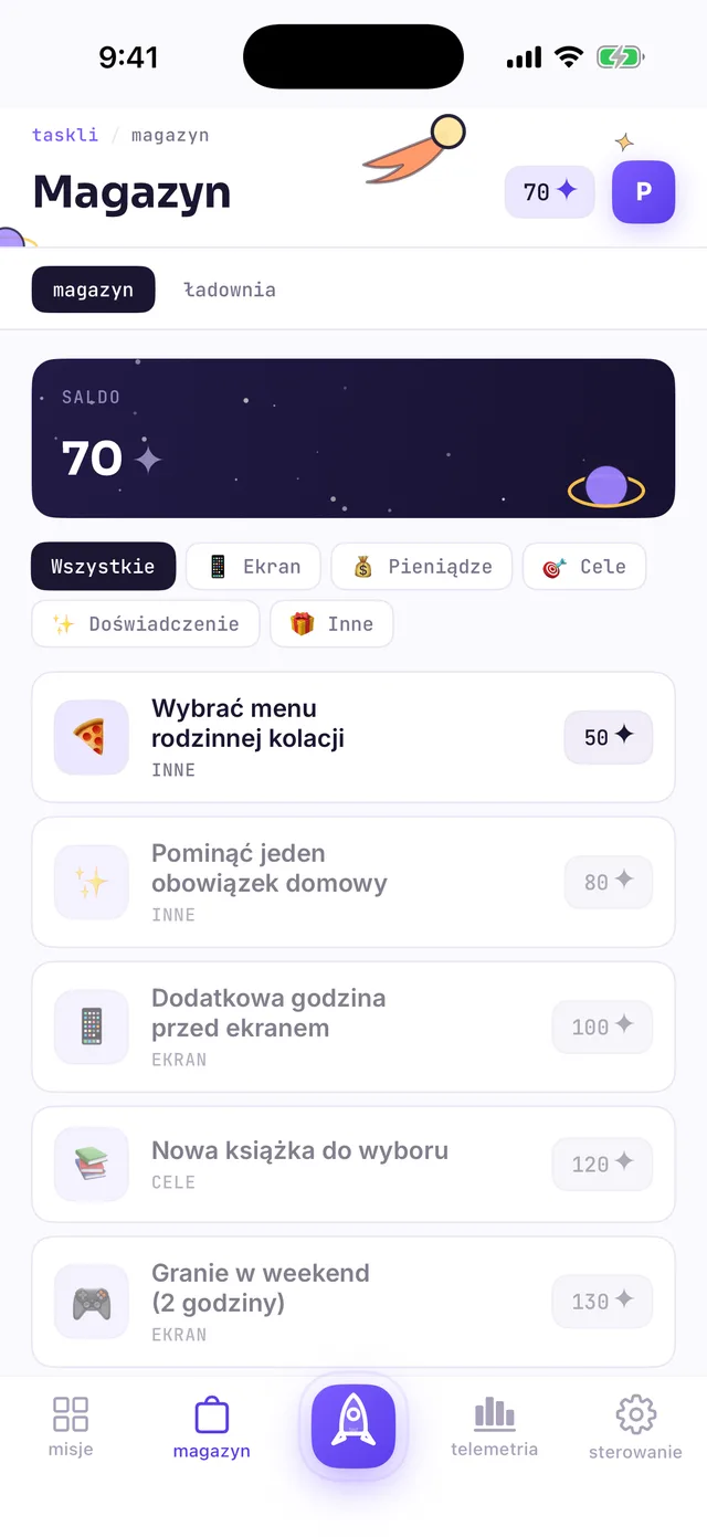 Magazyn widziany przez dziecko: saldo 70 ✦, nagroda za 50 ✦ jest aktywna, droższe są przygaszone