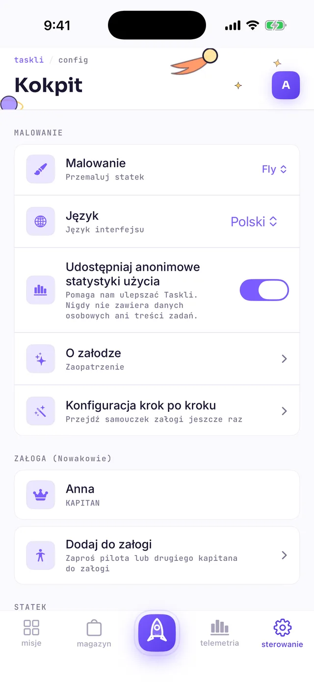 Ustawienia „Kokpit”: sekcja MALOWANIE z wyborem motywu (wybrany Fly) i przełącznikiem języka ustawionym na Polski
